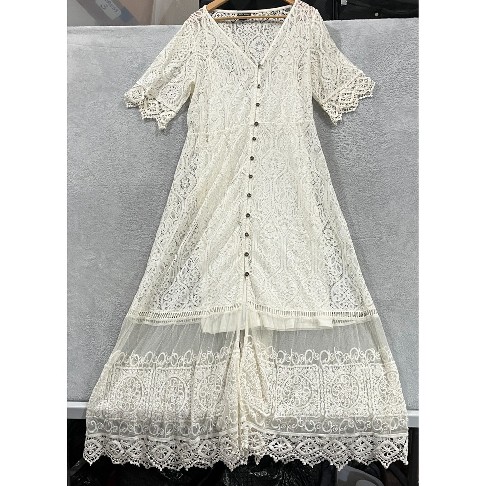 City Chic Summer Lace Maxi Dress Women's XS/14 Ivory Bridal Elopement Boho Fairy